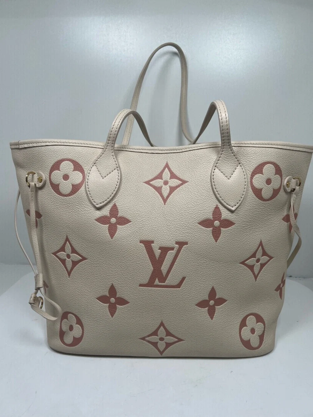 Louis Vuitton Neverfull MM Tote Bag Cream Pink Monogram Empreinte Style Tote Bag